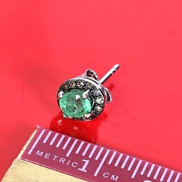 925 Sterling Silver Stud Earrings with Natural Emerald 6x5mm & Natural Diamonds - Picture 4 of 6